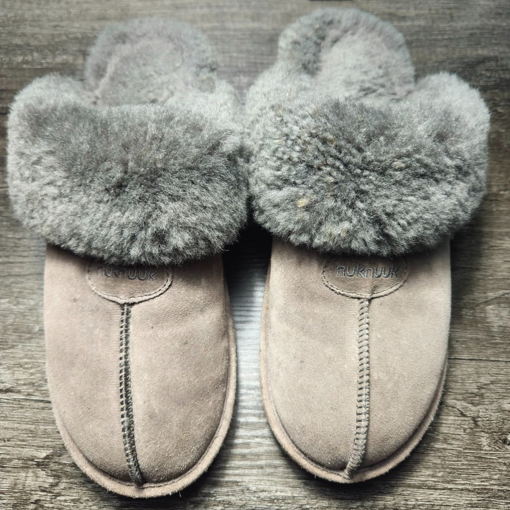 Nuknuuk Womens Grey Sheepskin Scuff Slippers Size 10 Suede Fur Cuff